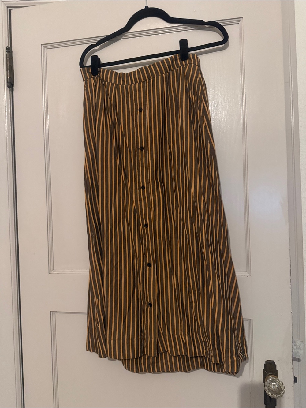 Striped Button-Front Maxi Skirt in Mustard and Brown